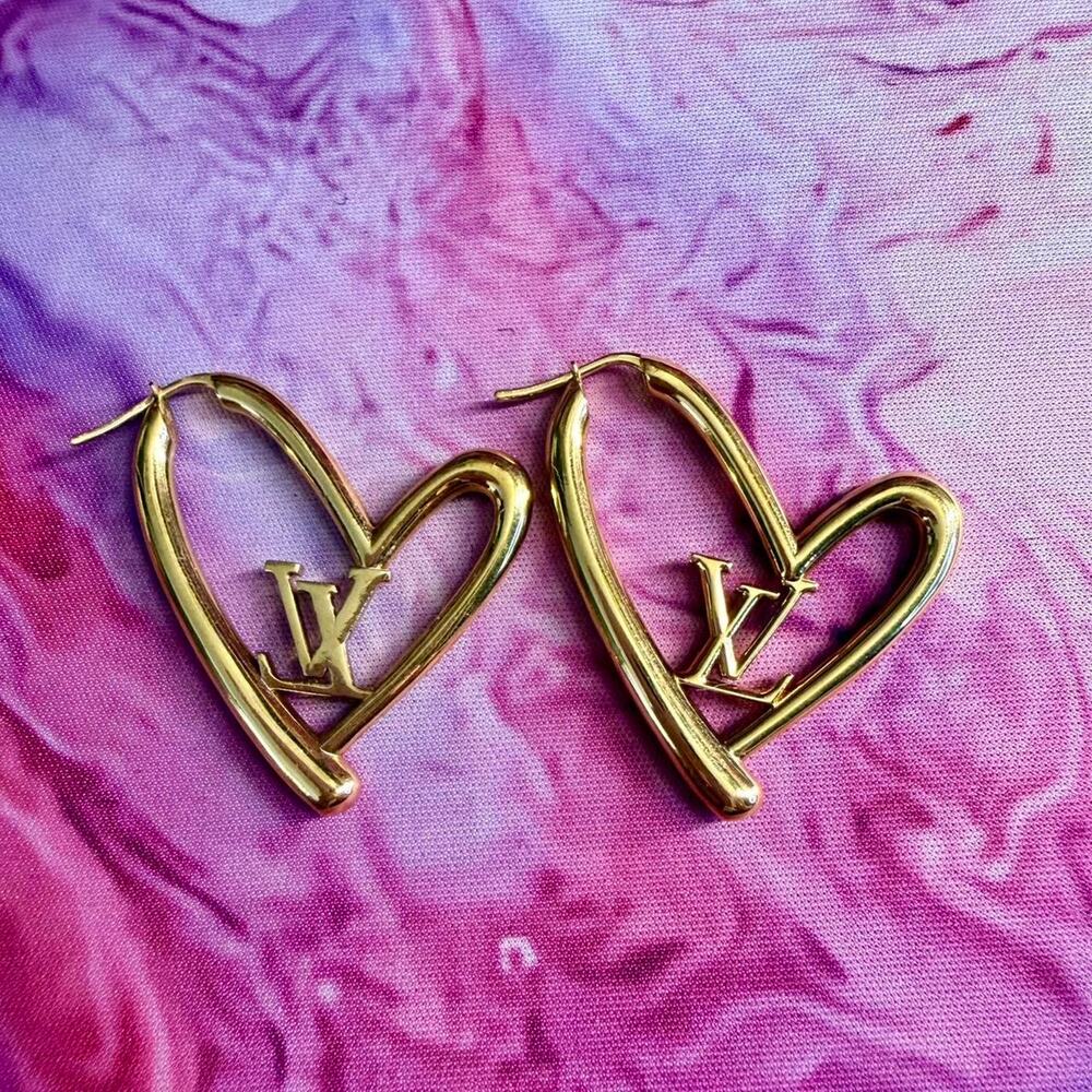 Louis Vuitton "Fall in Love" Brass Gold Heart LV Hoop Earrings Kawaii Romantic - Picture 2 of 5